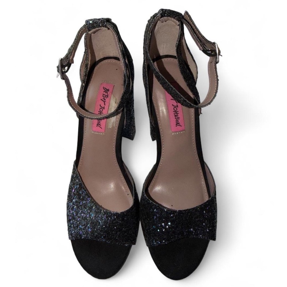 Betsey Johnson Black Glitter Platform Heels - Chunky Block Heel Sandals